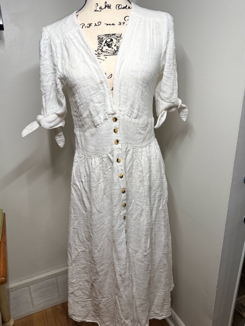 Free People Texture Button Front Fitted Band Waist Tie Sleeve Midi Romantic Boho
